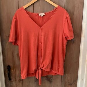 LOFT Women's V-Neck Tie Front Blouse in Coral